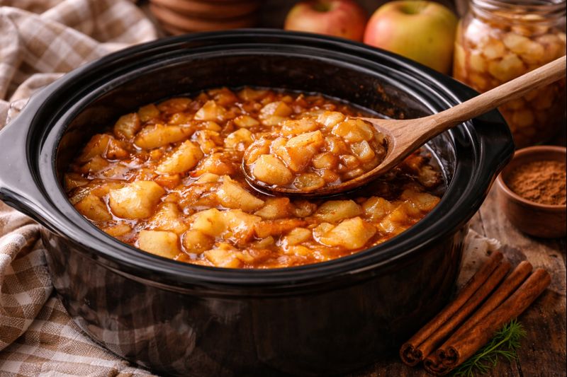 Apple pie filling cooking in a slow cooker with tender apples and cinnamon sauce