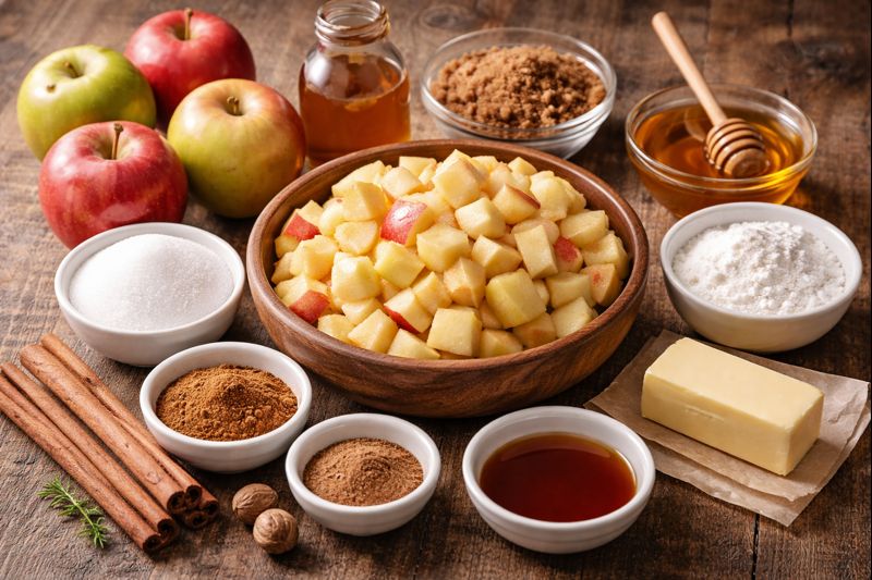 Ingredients for homemade apple pie filling including chopped apples, cinnamon, sugar, butter, and spices