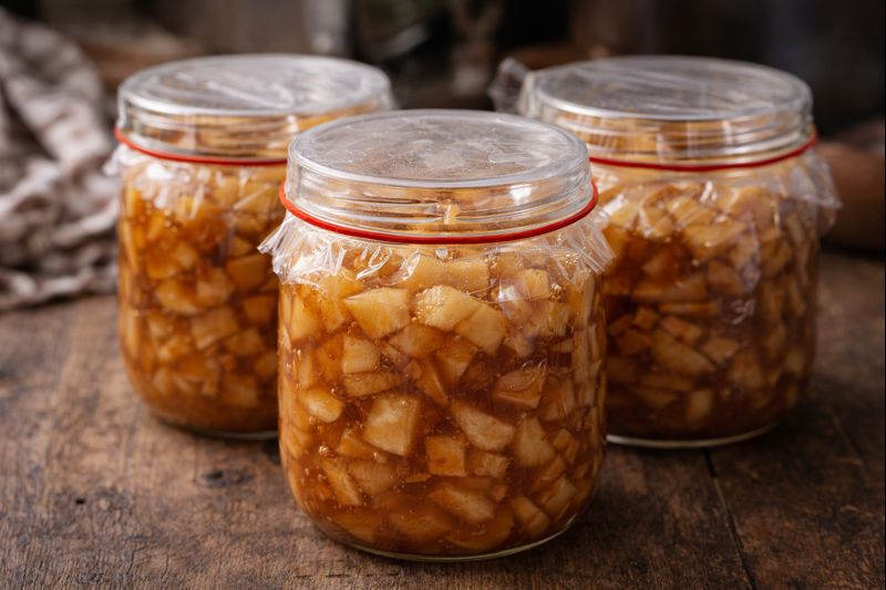 Apple pie filling stored in covered glass jars for make-ahead use and refrigeration