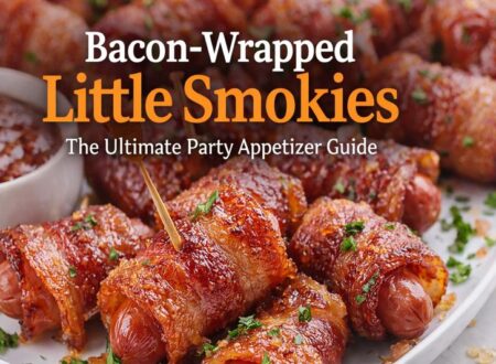 Bacon wrapped little smokies baked until crispy and caramelized, served as an easy party appetizer