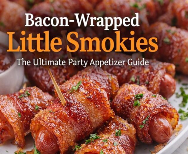 Bacon wrapped little smokies baked until crispy and caramelized, served as an easy party appetizer