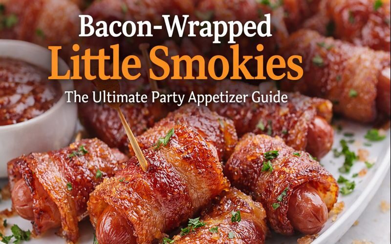 Bacon wrapped little smokies baked until crispy and caramelized, served as an easy party appetizer
