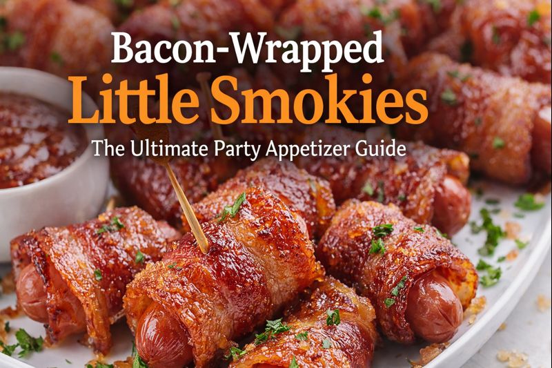 Bacon wrapped little smokies baked until crispy and caramelized, served as an easy party appetizer