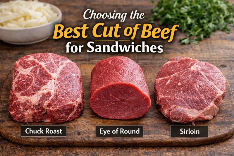 Different raw beef cuts displayed on a wooden board to compare the best options for making tender shredded beef sandwiches