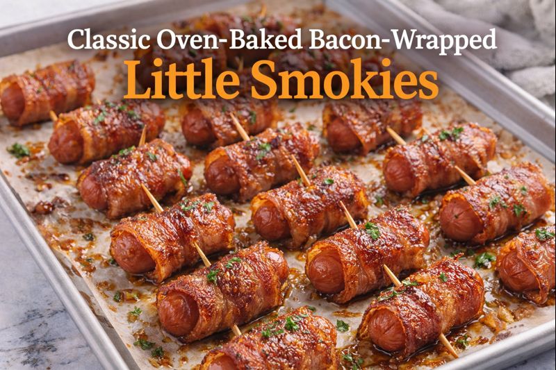Oven baked bacon wrapped little smokies cooking on a baking sheet until golden and crispy
