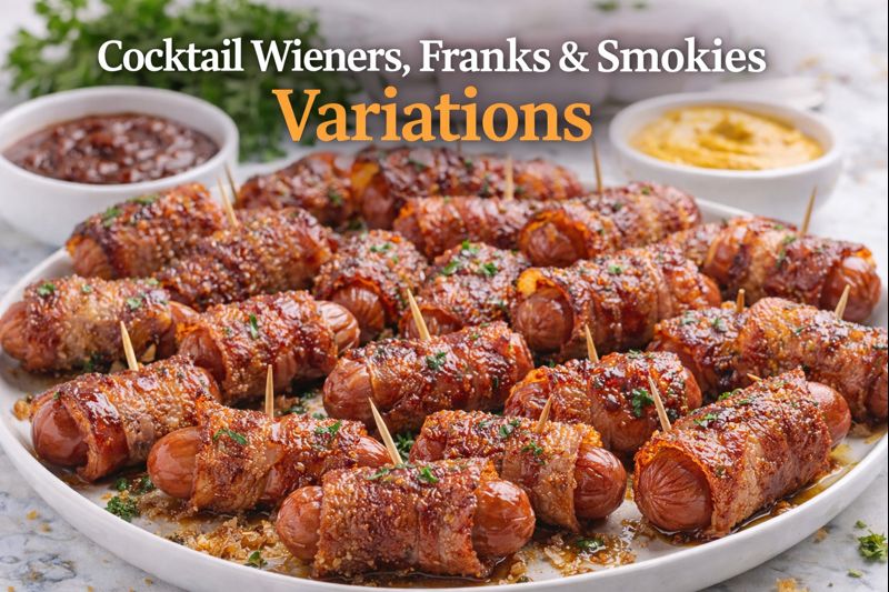 Bacon wrapped cocktail wieners, franks, and smokies served with dipping sauces as appetizers
