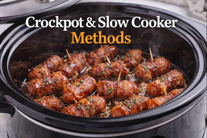 Bacon wrapped little smokies cooking in a slow cooker with brown sugar glaze for easy party serving