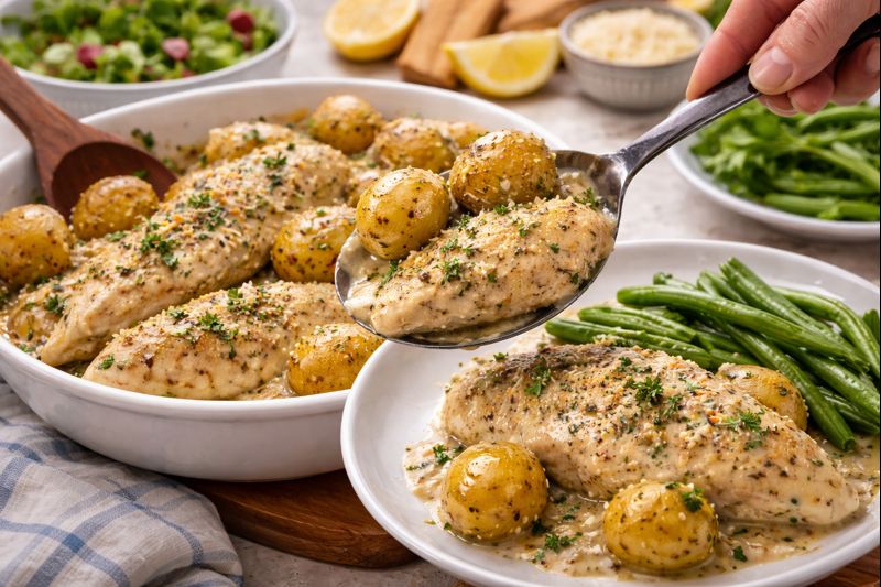 Crockpot Garlic Parmesan Chicken and Potatoes Recipe Serving