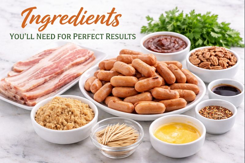 Ingredients for bacon wrapped little smokies including smokies, bacon, brown sugar, butter, sauces, and toothpicks