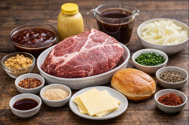 Raw ingredients for shredded beef sandwiches including chuck roast, sandwich buns, spices, sauces, onions, and cheese on a rustic table