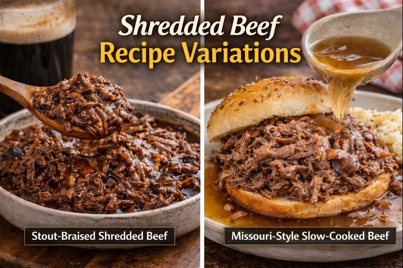 Two shredded beef recipe variations showing rich braised beef and slow-cooked beef served as sandwiches
