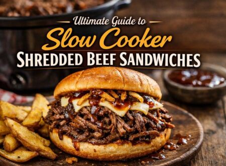 Slow cooker shredded beef sandwich on a toasted bun topped with sauce and served with crispy potato wedges