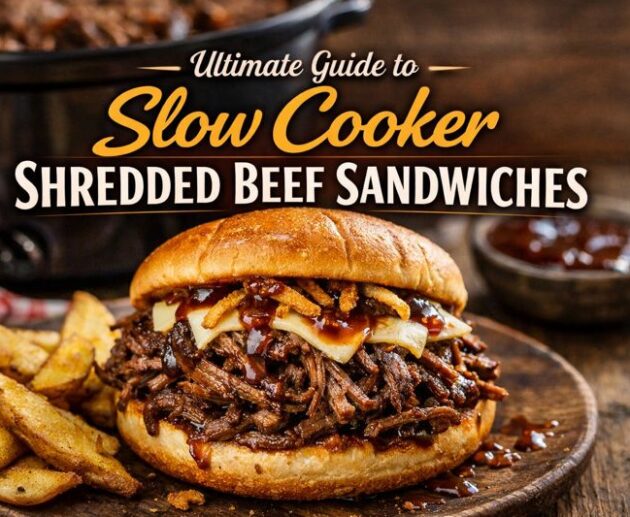 Slow cooker shredded beef sandwich on a toasted bun topped with sauce and served with crispy potato wedges