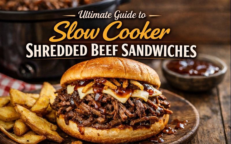 Slow cooker shredded beef sandwich on a toasted bun topped with sauce and served with crispy potato wedges