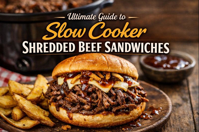 Slow cooker shredded beef sandwich on a toasted bun topped with sauce and served with crispy potato wedges