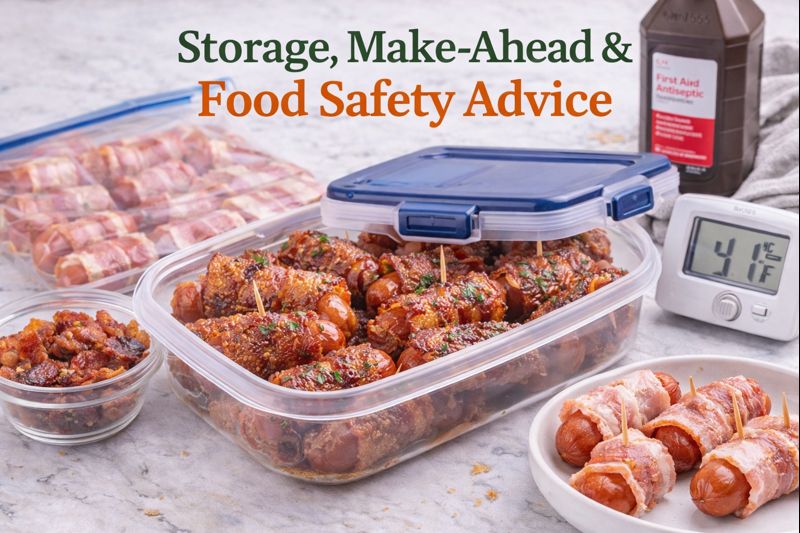 Bacon wrapped little smokies stored in airtight containers showing make-ahead and food safety tips