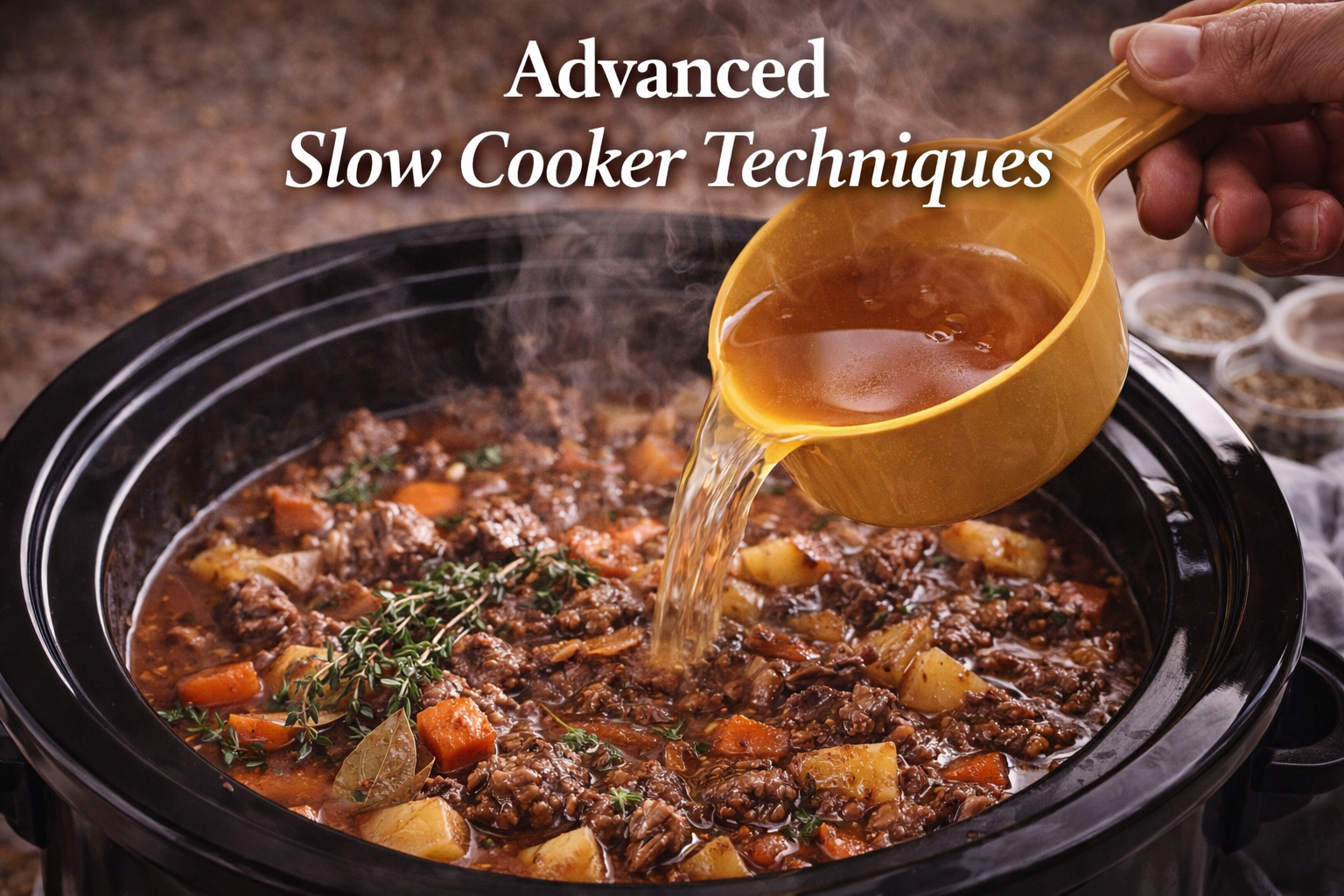 Advanced slow cooker techniques showing broth being added to beef stew for flavor control