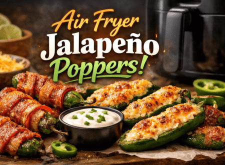 Air fryer jalapeño poppers stuffed with cheese and bacon served with dipping sauce
