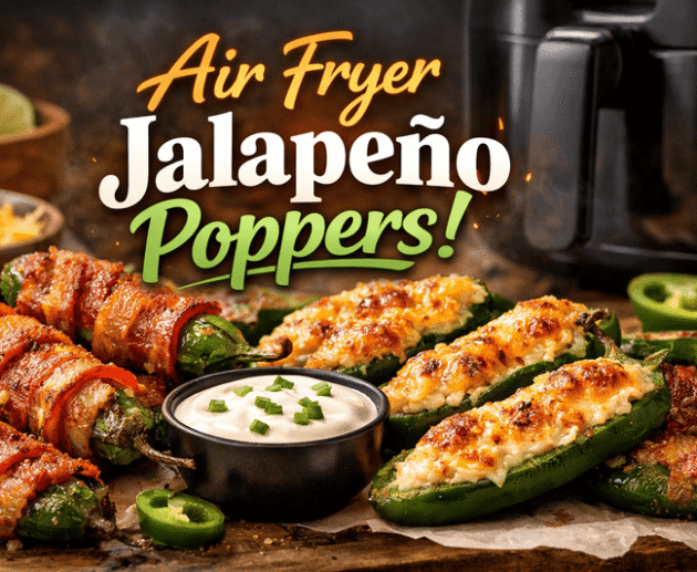 Air fryer jalapeño poppers stuffed with cheese and bacon served with dipping sauce
