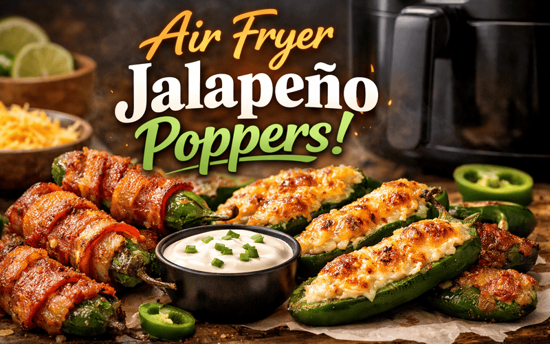 Air fryer jalapeño poppers stuffed with cheese and bacon served with dipping sauce