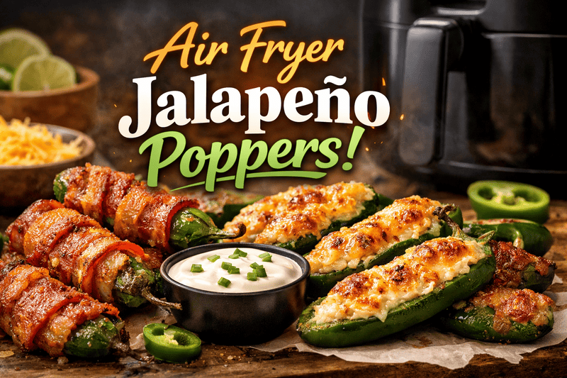 Air fryer jalapeño poppers stuffed with cheese and bacon served with dipping sauce