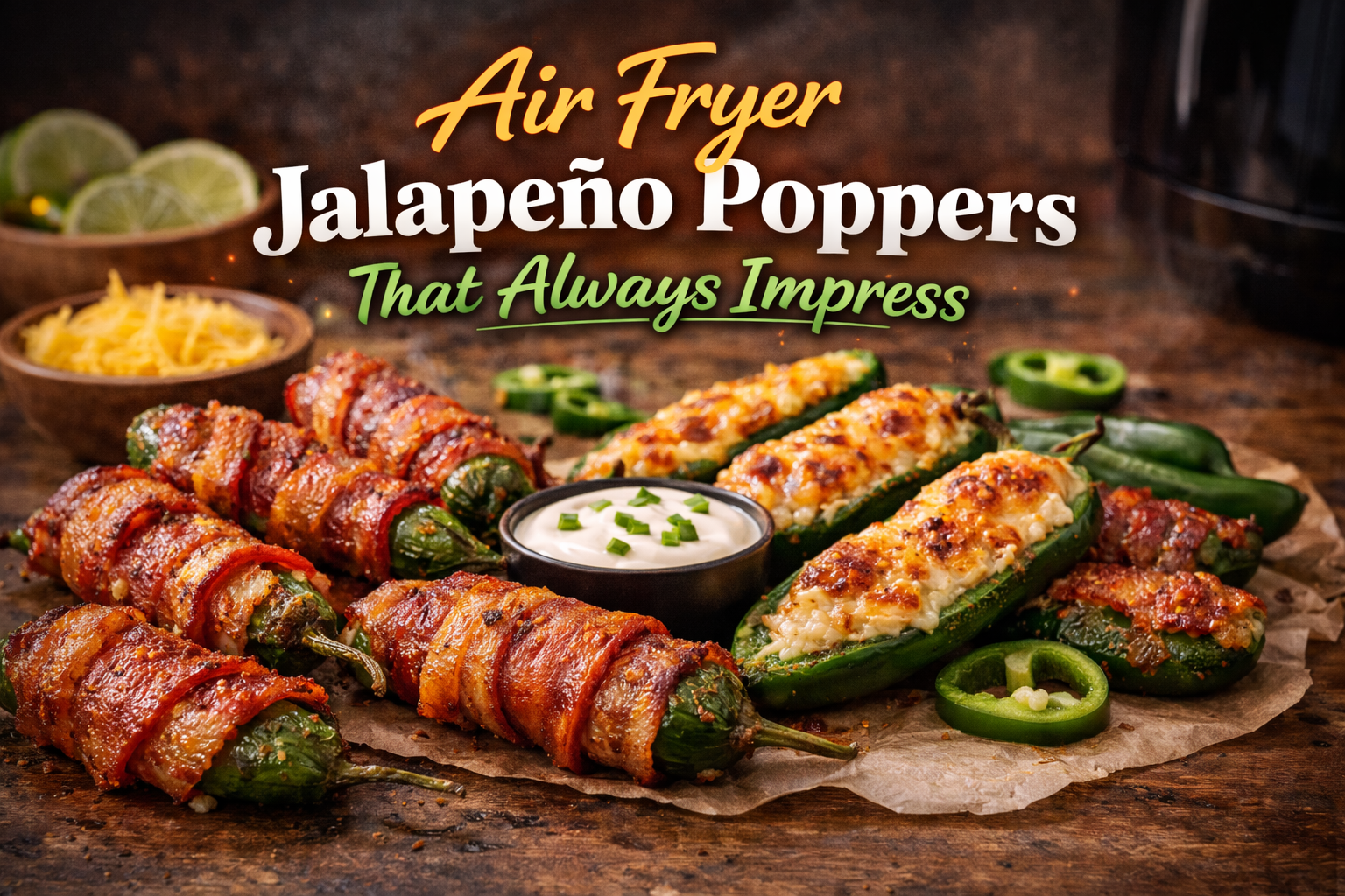 Crispy air fryer jalapeño poppers with melted cheese and bacon on a serving board