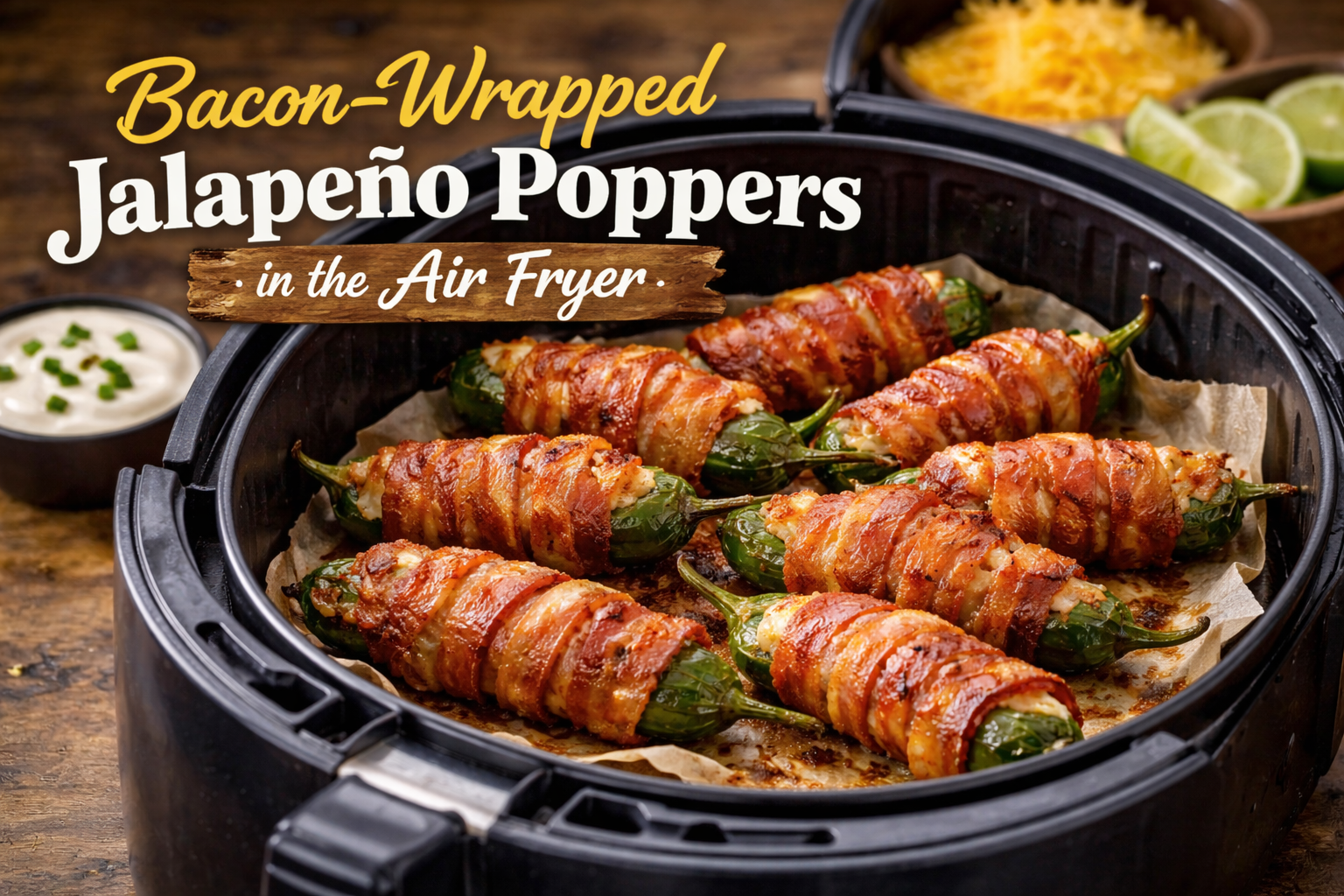 Bacon wrapped jalapeño poppers cooking in an air fryer basket until crispy