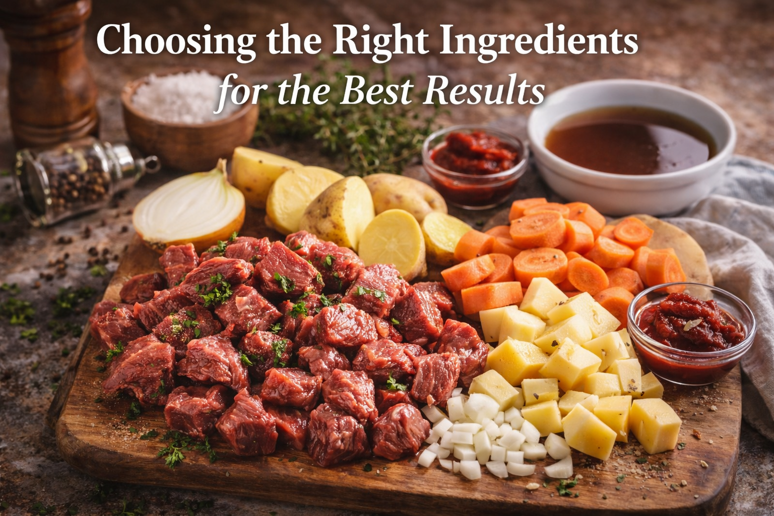 Fresh ingredients for crockpot beef stew including beef chunks, potatoes, carrots, onions, and broth