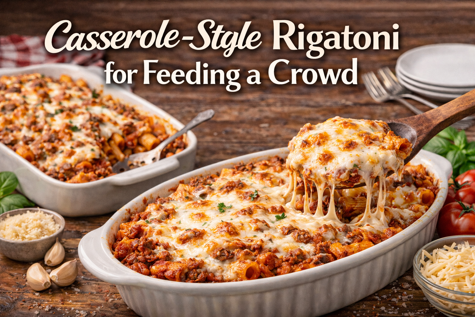 Large baked rigatoni casserole dish with melted cheese and meat sauce, ready for serving multiple portions.