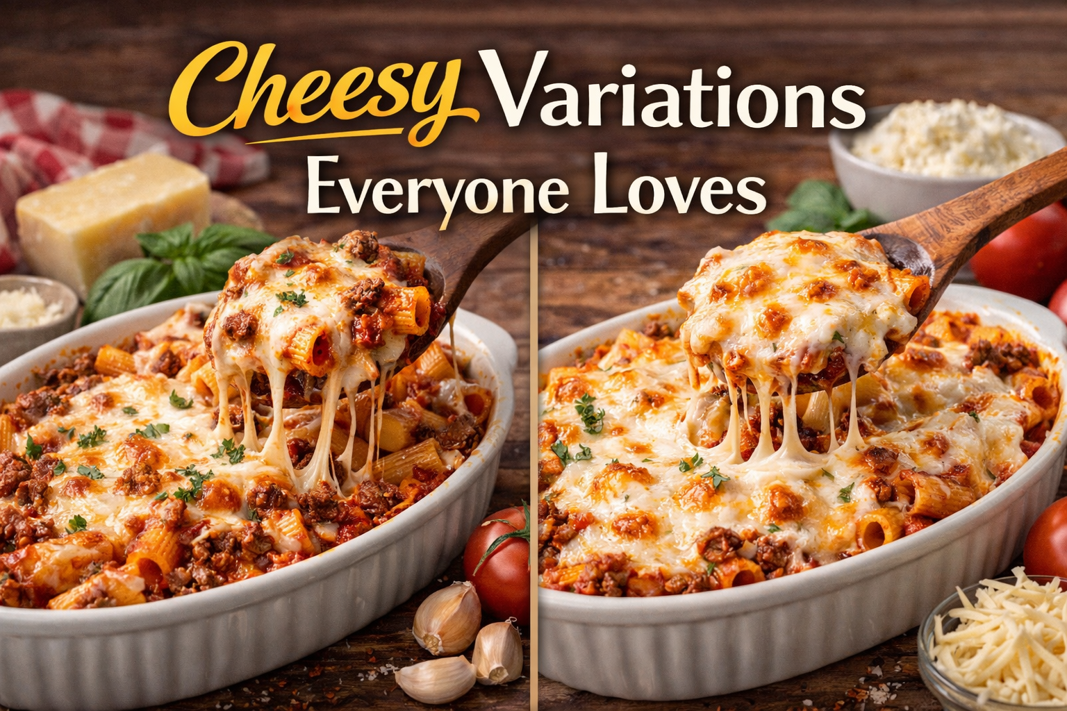 Two casserole dishes of baked rigatoni topped with melted mozzarella and creamy ricotta cheese.