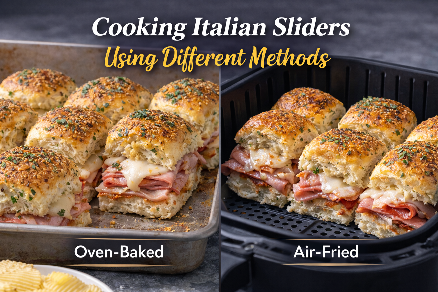 Italian sliders cooked using oven-baked and air fryer methods side by side