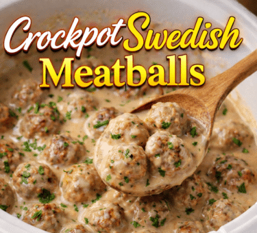 Creamy crockpot Swedish meatballs cooked in a slow cooker with rich gravy and fresh parsley