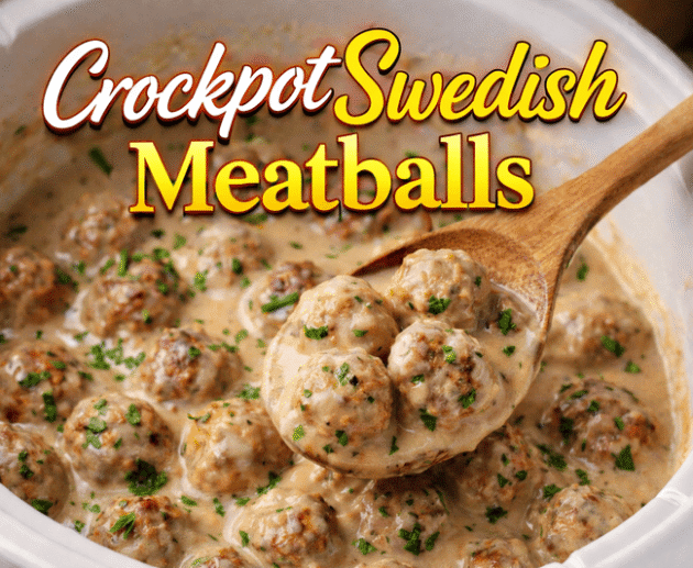 Creamy crockpot Swedish meatballs cooked in a slow cooker with rich gravy and fresh parsley