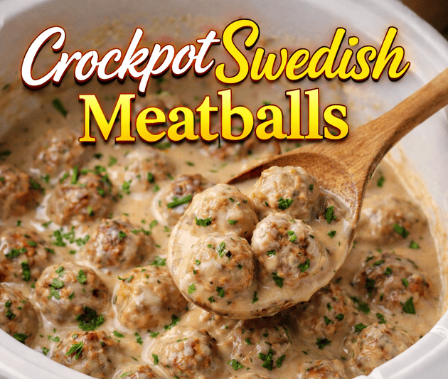 Creamy crockpot Swedish meatballs cooked in a slow cooker with rich gravy and fresh parsley