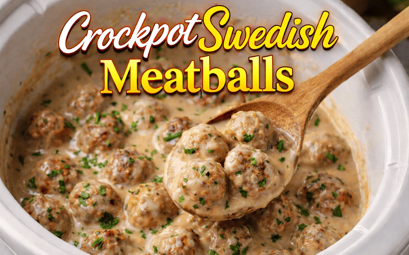 Creamy crockpot Swedish meatballs cooked in a slow cooker with rich gravy and fresh parsley