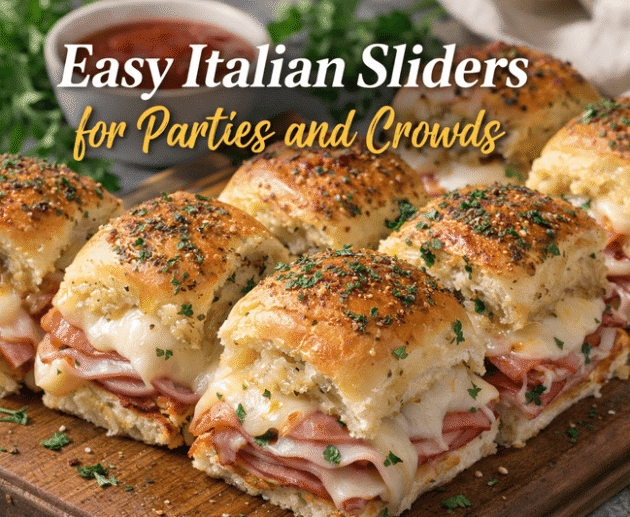 Easy Italian sliders made with ham and melted cheese served warm for parties and crowds