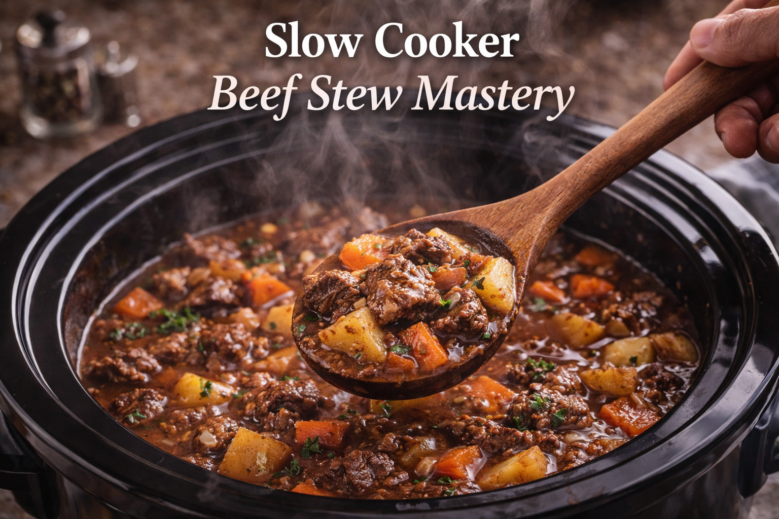 Slow cooker beef stew mastery with tender beef, thick broth, and perfectly cooked vegetables
