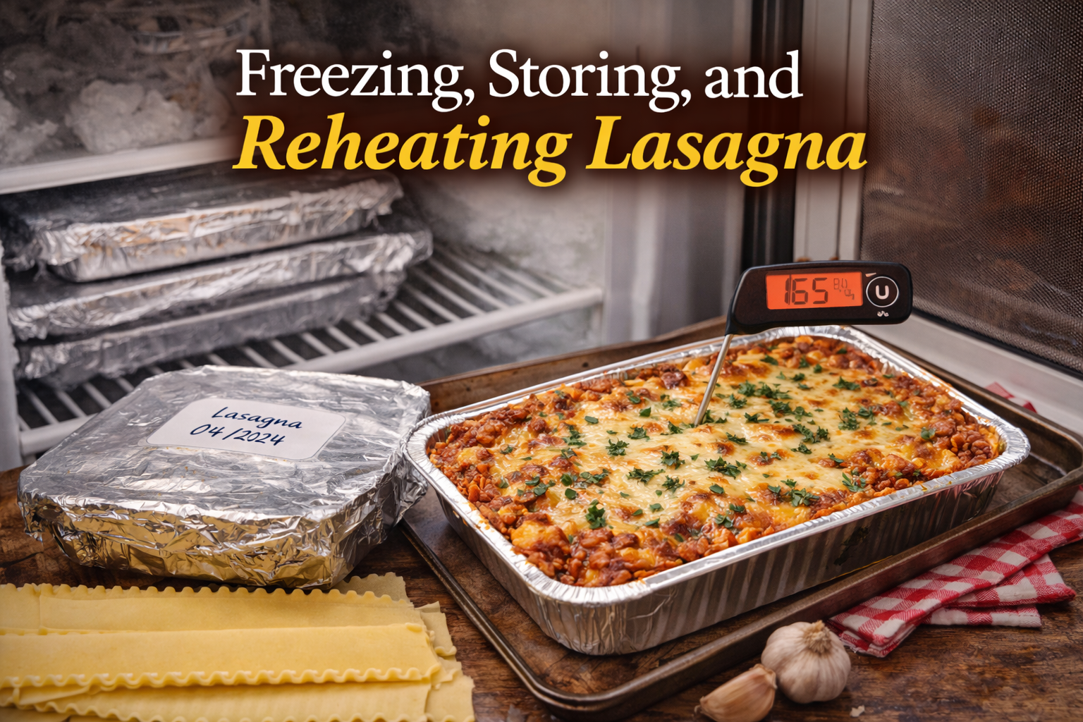 Frozen lasagna in a foil pan and reheated lasagna with thermometer showing safe internal temperature