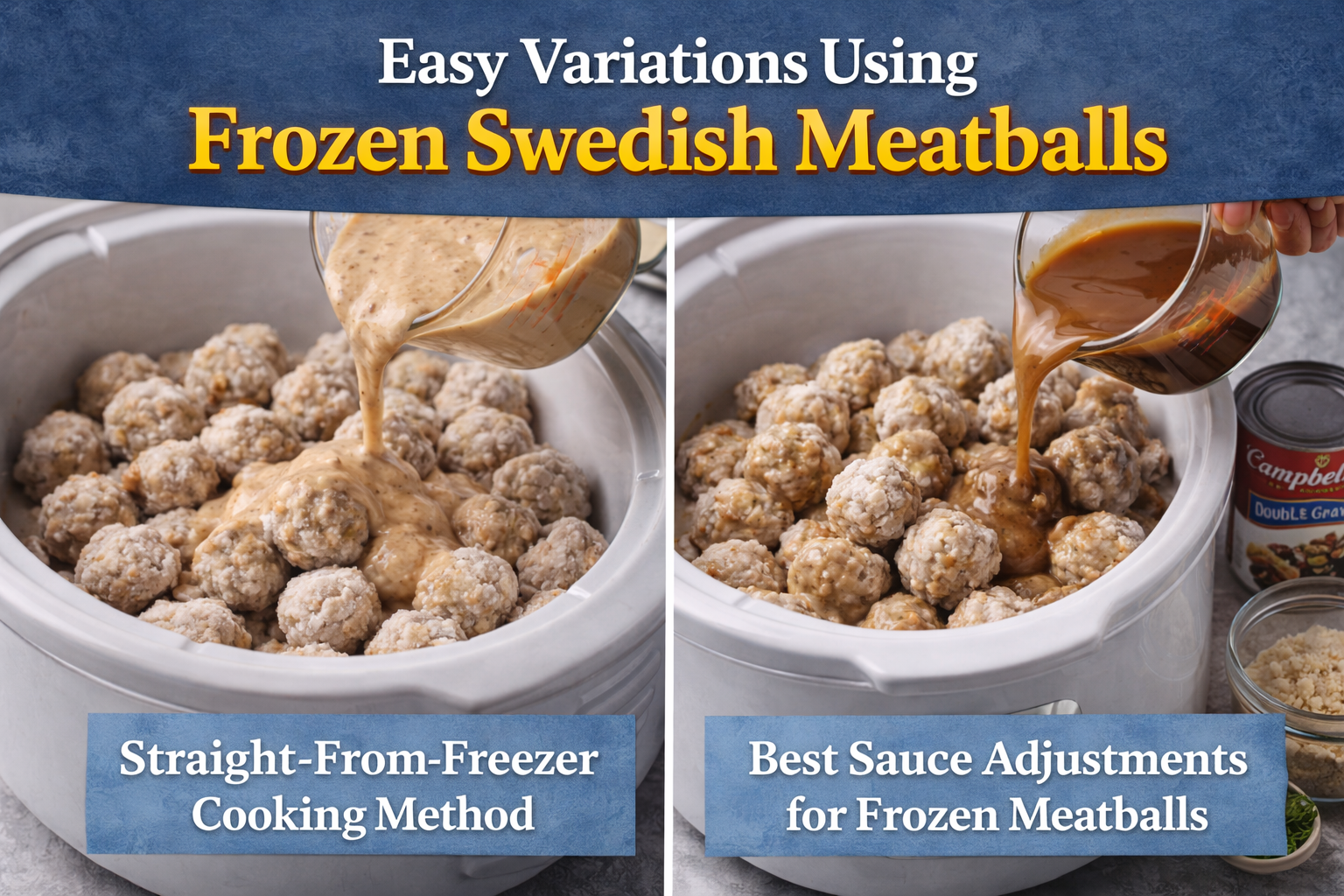 Easy crockpot Swedish meatballs made with frozen meatballs using different sauce variations