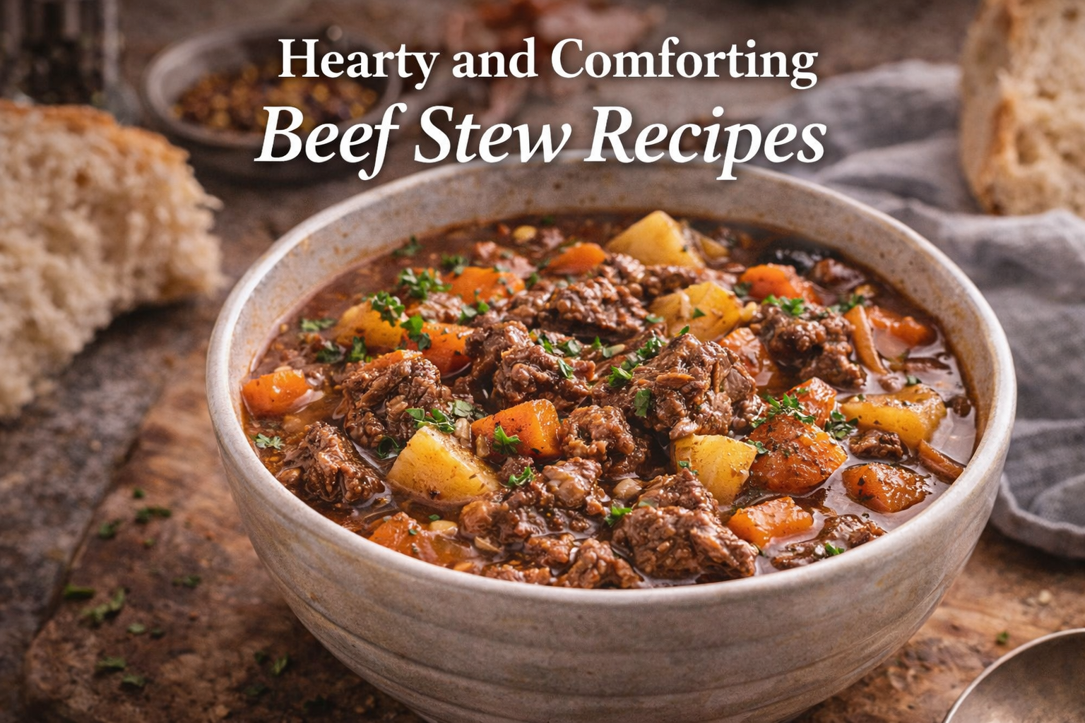 Hearty and comforting beef stew with tender beef, potatoes, and carrots served warm