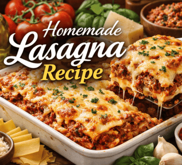 Homemade lasagna baked in the oven with layers of pasta, meat sauce, and melted cheese