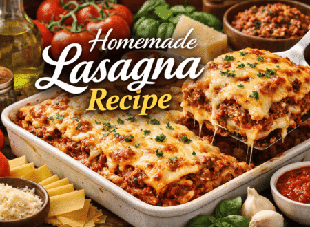 Homemade lasagna baked in the oven with layers of pasta, meat sauce, and melted cheese