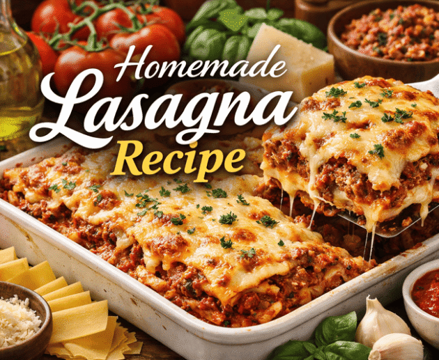 Homemade lasagna baked in the oven with layers of pasta, meat sauce, and melted cheese