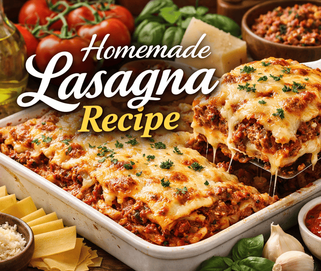 Homemade lasagna baked in the oven with layers of pasta, meat sauce, and melted cheese