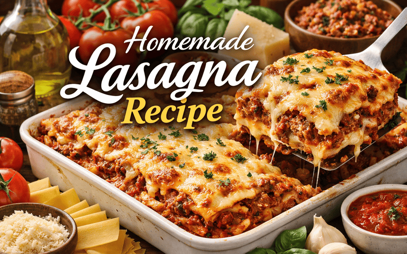 Homemade lasagna baked in the oven with layers of pasta, meat sauce, and melted cheese