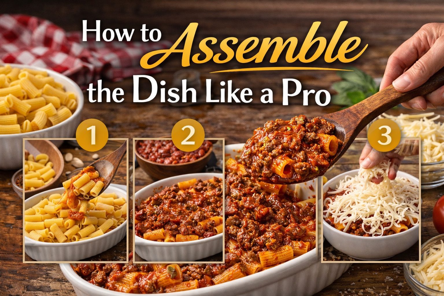 Step-by-step layering of rigatoni pasta, meat sauce, and shredded cheese in a baking dish before oven baking.