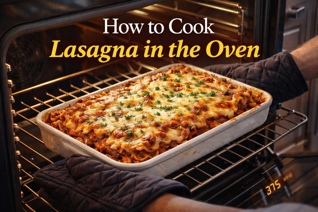 Lasagna baking in the oven at 375 degrees with melted cheese and golden top
