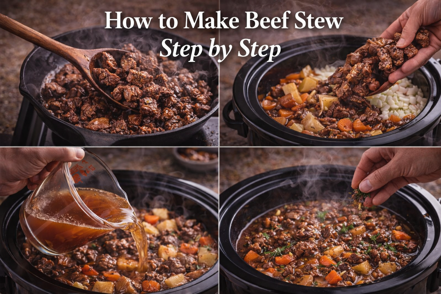 How to make beef stew step by step using a slow cooker with beef, vegetables, and broth