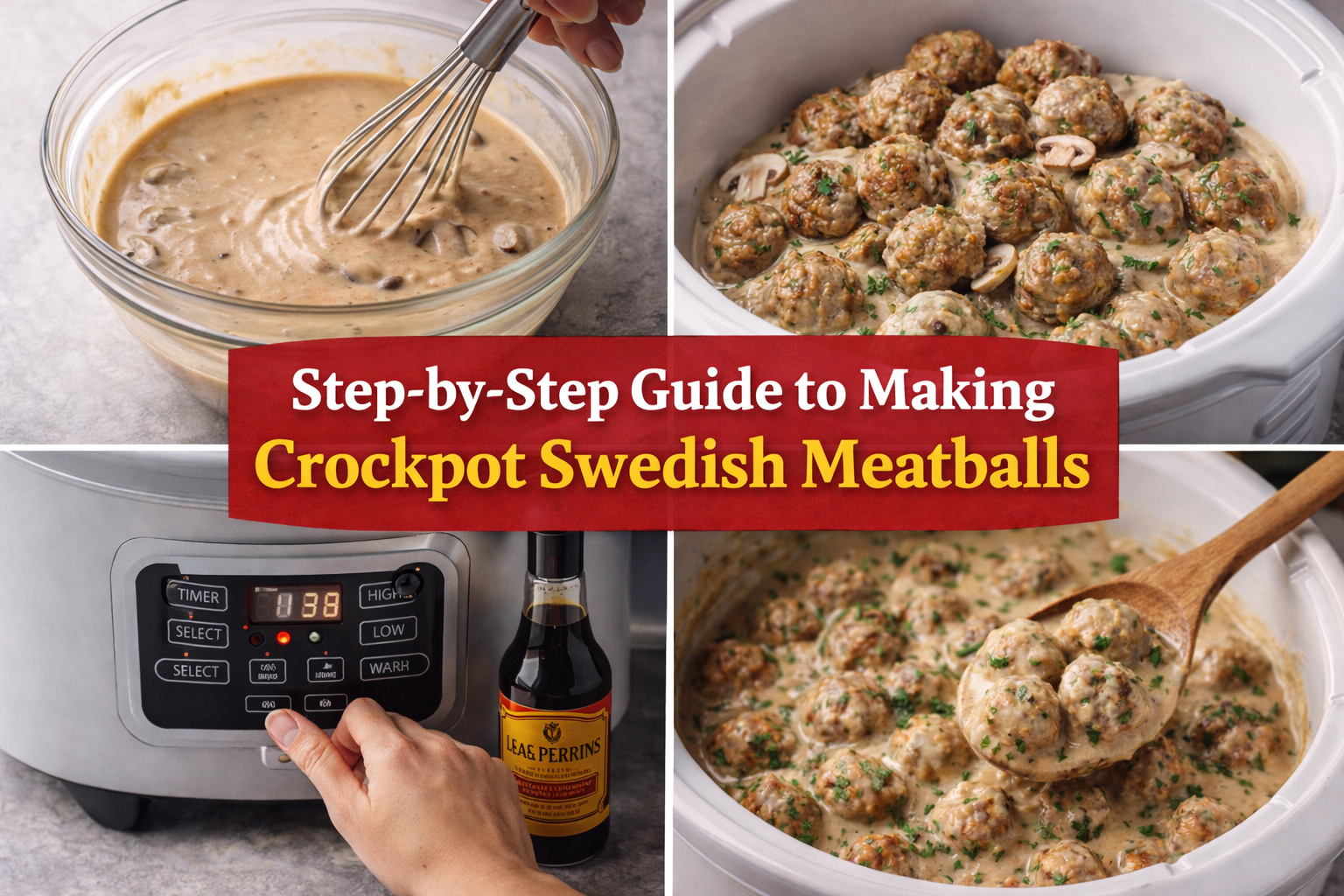 Step-by-step process of making crockpot Swedish meatballs including sauce preparation and slow cooker cooking