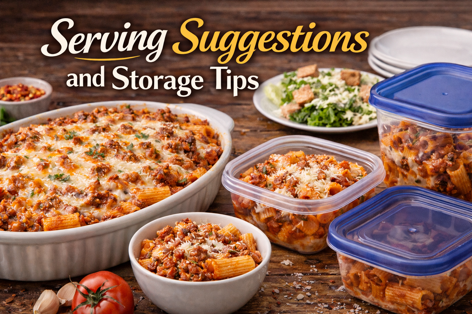 Baked rigatoni served in a casserole dish with portioned leftovers stored in airtight containers.